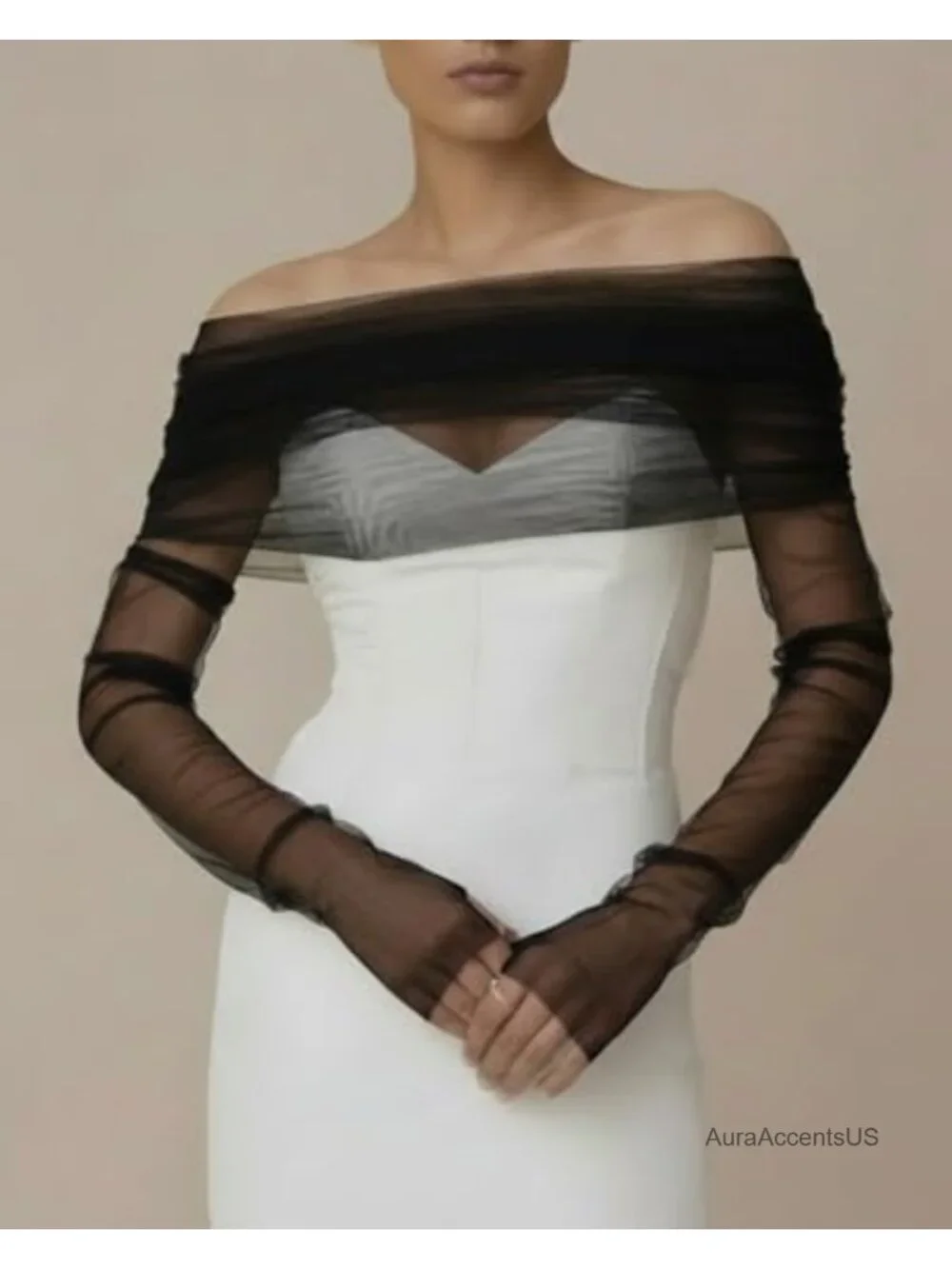 Elegant Off Shoulder Pearl Sheer Shawl With Sleeves Tulle Bridal Shrug Wrap